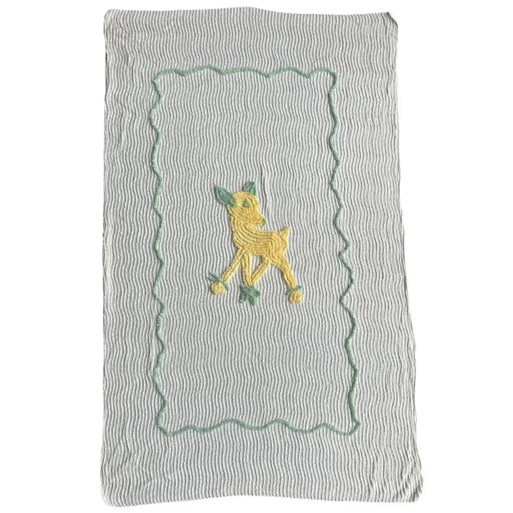 Vintage Chenille Baby Crib Blanket White With Yellow Deer Embroidery Thin Fabric - Picture 3 of 7